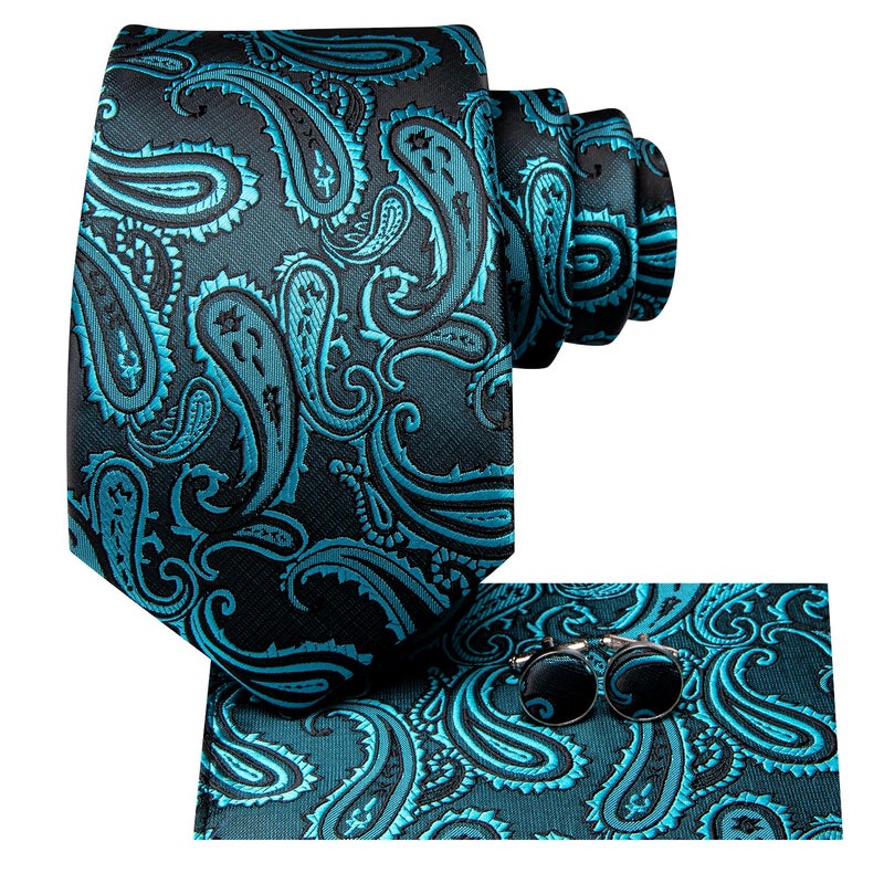 Hi-Tie Silk Paisley Ties for Men Necktie Pocket Square Cufflinks Set Foral Tie Sets Formal Business,Teal - Image 2